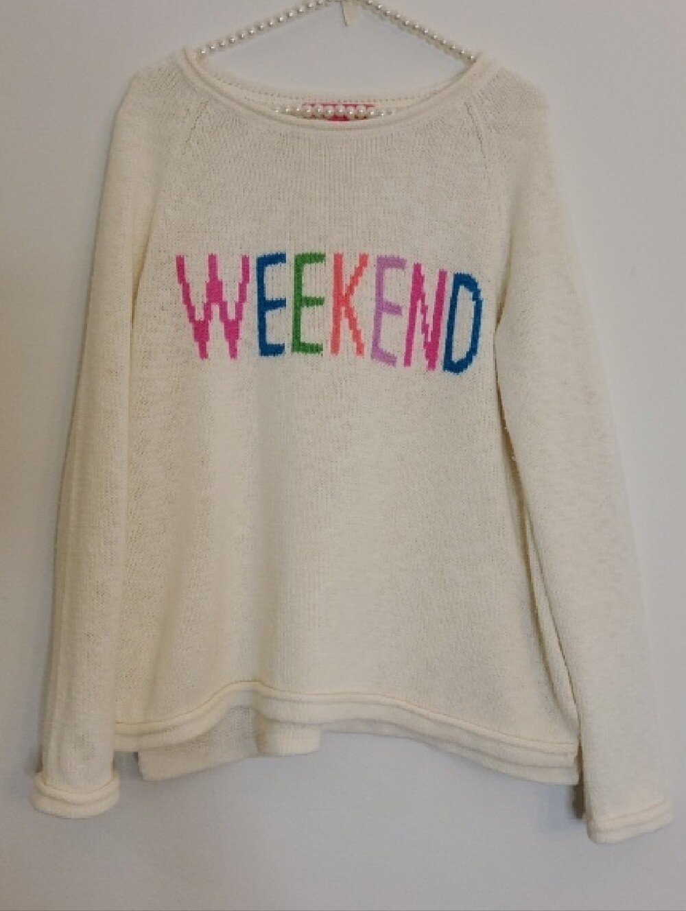Lilly Pulitzer Cream Sweater with "WEEKEND" in Multicolor Lettering